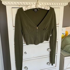Crop Top & Zip-Up Olive Long Sleeve Shirt